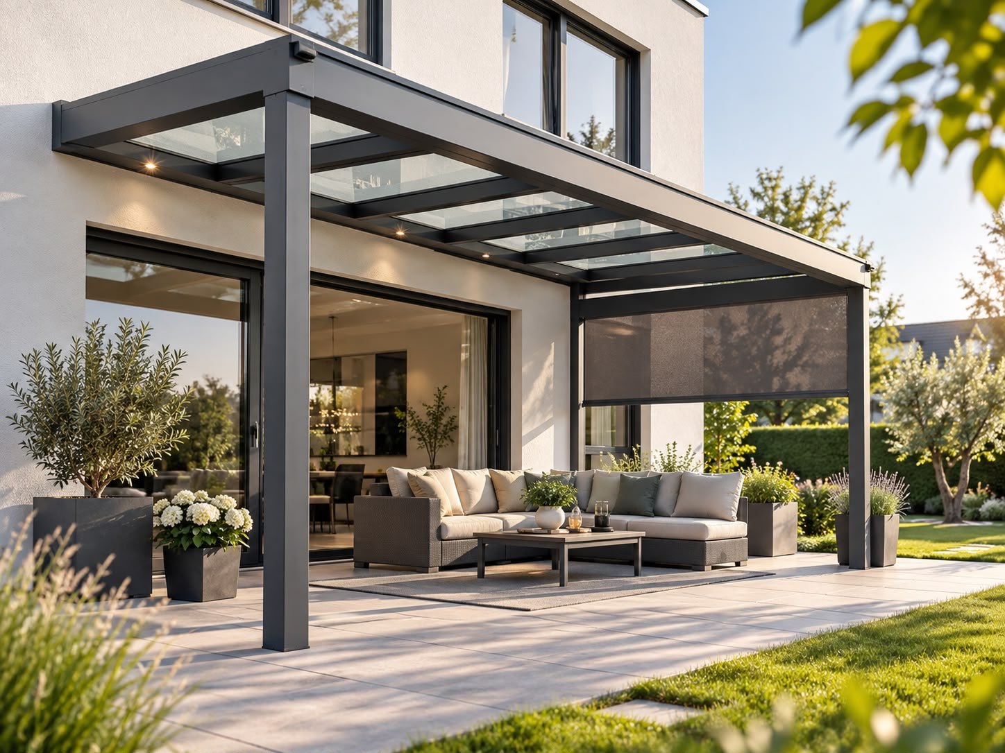 Terrassenüberdachung aus Aluminium und Glas mit Lounge